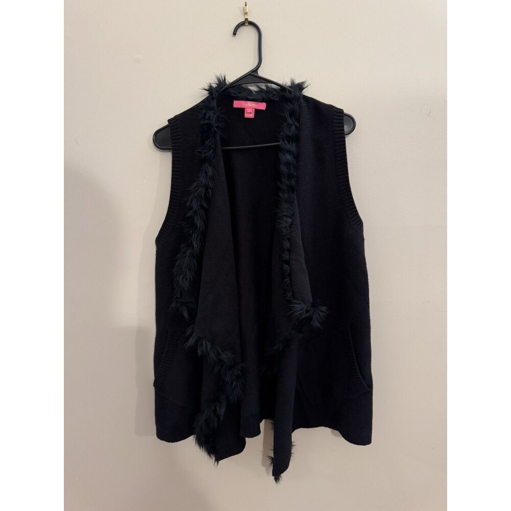 Lilly Pulitzer Black Size Large Open Cardigan Sweater Faux Fur Trim Cotton Money